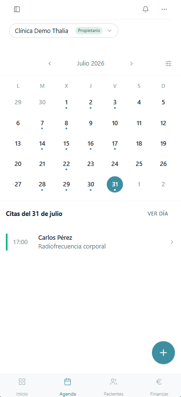 Agenda mensual de Thalia en el móvil con citas del día